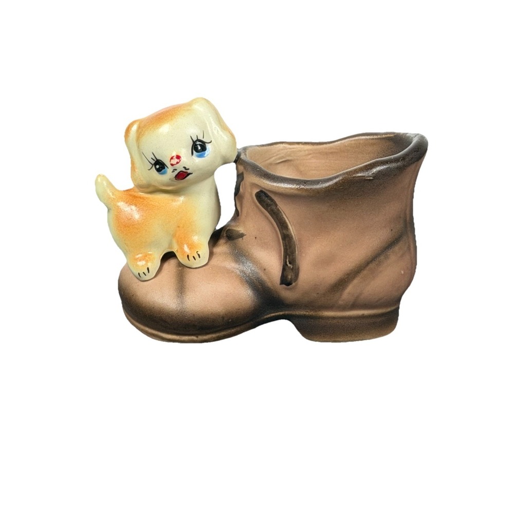VINTAGE ENESCO WHITE PUPPY DOG ON BOOT/ SHOE FIGURINE 3x2 inch toothpick holder